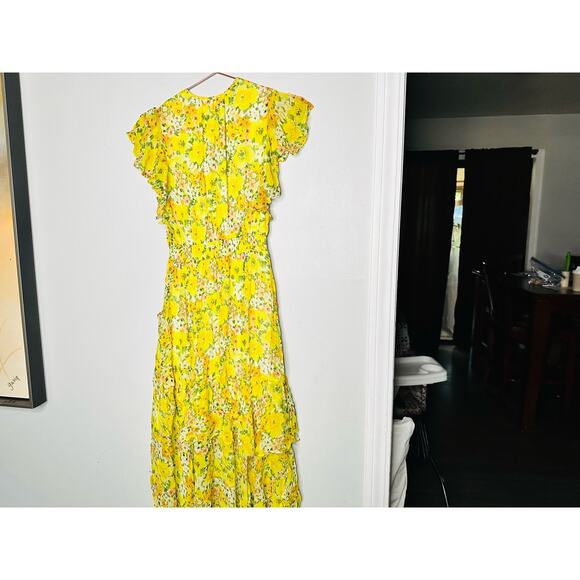 SHOSHANNA Yellow Floral Chiffon Short Flutter Sleeve Ruffle Hemline Dress size 0 - Picture 3 of 13